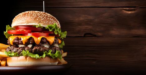 Double patty juicy hamburger served with French fries on a wooden plate in wooden background, Tasty double beef bun