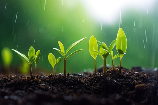 close up of green grass with water drops  and sunlight