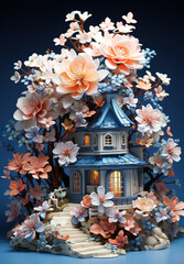 Victorian House in a Floral Wonderland,Decorative model of pocket house with flowers