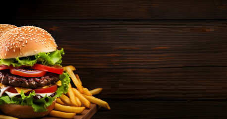 Double patty juicy hamburger served with French fries on a wooden board in wooden background, Tasty double beef bun