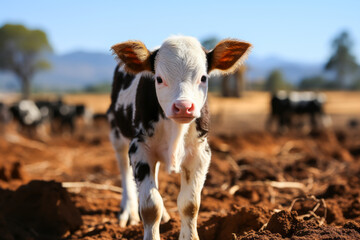 Fototapeta premium A cute little calf standing in a farmer's field
