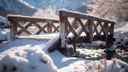 Close up of a snowy Bridge in the Mountains. Beautiful natural Background