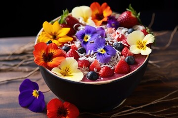 acai bowl decorated with edible flowers for garnish