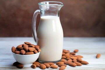 almonds next to a full metallic jug with almond milk
