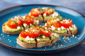 avocado bruschetta with sesame seeds on a blue rimmed plate