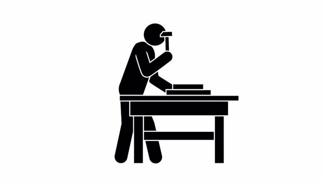 Pictogram of worker working with hammer on workbench. Handyman with hammer - animated stickman. 2D looped animation with alpha channel.