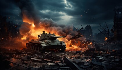 Actions on the battlefield, shooting of various military tanks. Fighters attack the tank for defensive purposes. Explosions and destruction caused by war. - obrazy, fototapety, plakaty