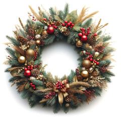 Fototapeta na wymiar Festive Christmas wreath of fresh natural spruce branches with red holly berries isolated on white background.