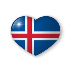 3d heart with flag of Iceland. Glossy realistic vector element on white background with shadow underneath. Best for mobile apps, UI and web design.