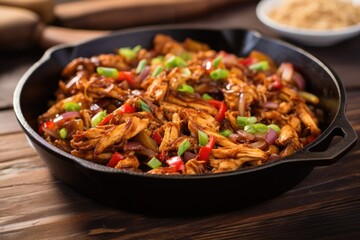 sizzling hot pulled chicken skillet with coating of bourbon bbq sauce