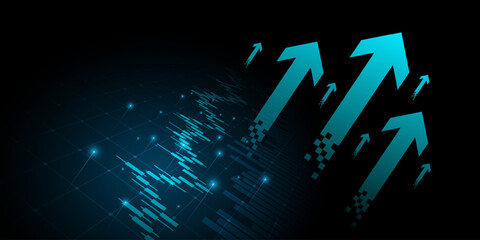 Abstract financial graph with uptrend line and arrows in stock market on blue color background