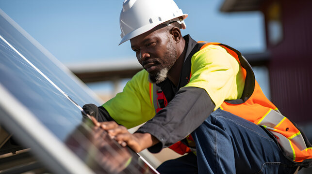 African American technician meticulously inspecting the maintenance of solar panels at a solar station. Generative AI