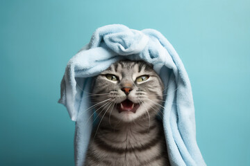  wet cat wrapped with blue towel on head after bath , kitten washed, cute kitten on blue background, goods for treatment for domestic pets, grooming salon.