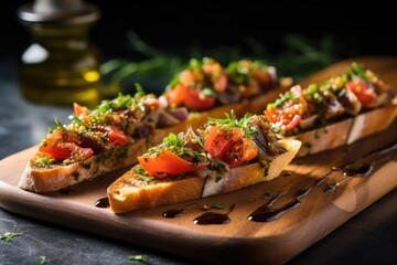 anchovy bruschetta with olive oil drizzle - obrazy, fototapety, plakaty