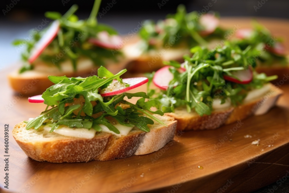 Poster a close-up shot of bruschetta with arugula and red radish slices