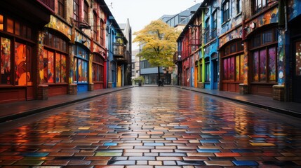 Fototapeta premium Colorful street perspective, small living houses covered with abstract graffiti