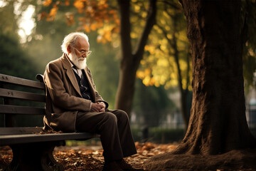 old man sitting on a bench in nature, nostalgic mood - obrazy, fototapety, plakaty