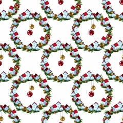 Seamless pattern of round Christmas wreaths, hand drawn marker illustration in watercolor technique. For wallpapers, wrapping paper, fabric, textile, scrapbooking, any winter season related decor