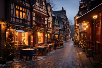 Fototapeta na wymiar a cold and wet evening in a european or german village during christmas time, generative ai