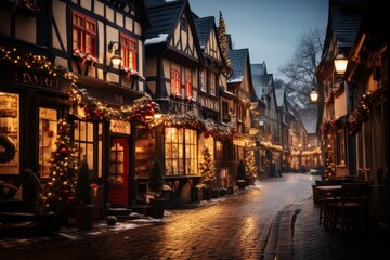 a cold and wet evening in a european or german village during christmas time, generative ai