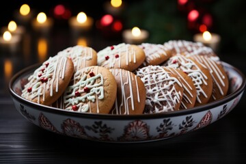a plate of beautifully decorated christmas cookies, generative ai