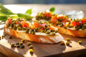 sunlit shot of bruschetta with capers on porcelain board