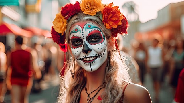 Dia de los muertos. Day of The Dead. Halloween. mexican girl with skull painted on her face on the day of the dead in mexico in the street