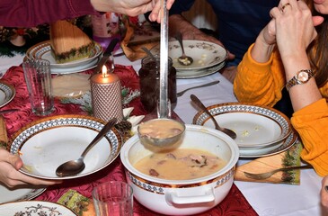 Traditional Christmas dishes on the table at the beginning of Christmas dinner in Slovakia