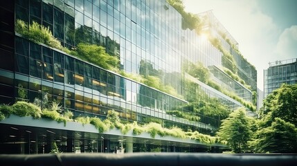 Eco-friendly building modern city sustainable glass building Ecology concept Office building with green environment