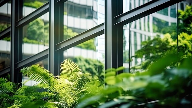 Eco-friendly building modern city sustainable glass building Ecology concept Office building with green environment