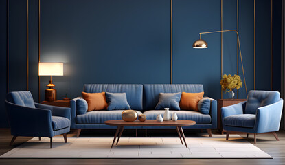 Sala com uma decoração moderna e cheia de estilo em tons de azul, bege e madeira. - obrazy, fototapety, plakaty