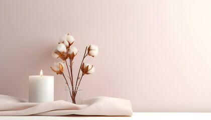 Flores e vela em uma mesa branco com um fundo em tons de rosa moderno trazendo elegância e minimalismo. Com espaço para texto - obrazy, fototapety, plakaty