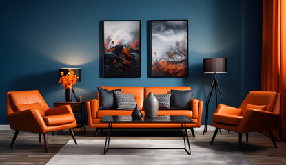 Uma sala lindamente decorada em tons de azul, madeira e bege confortável e muito charmosa - obrazy, fototapety, plakaty