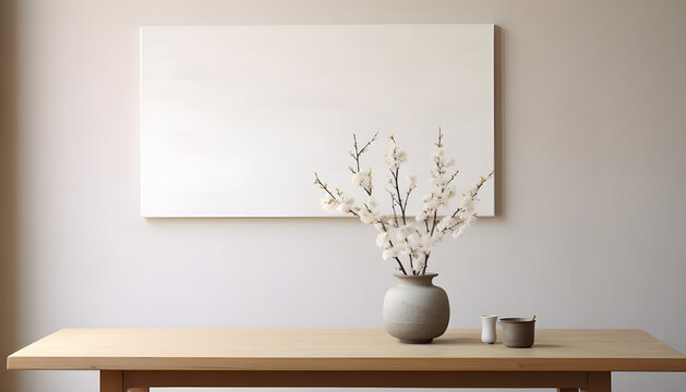 Vaso com flores em uma mesa de madeira com fundo moderno em tons de cinza claro trazendo um ambiente de conforto e relaxamento