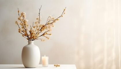 Mesa branca com vaso e flores e vela fundo em tons de bege moderno imagem minimalista com espaço para teto - obrazy, fototapety, plakaty