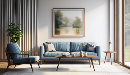 Fototapeta na wymiar Sala decorada em tons de azul, bege e madeira compondo um ambiente leve e charmoso