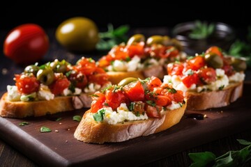 bruschetta topped with melted goat cheese and green olives