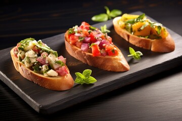 trio of fresh vegetable bruschetta on a slate serving board