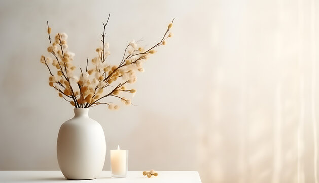 Mesa branca com vaso e flores e vela fundo em tons de bege moderno imagem minimalista com espa&ccedil;o para teto