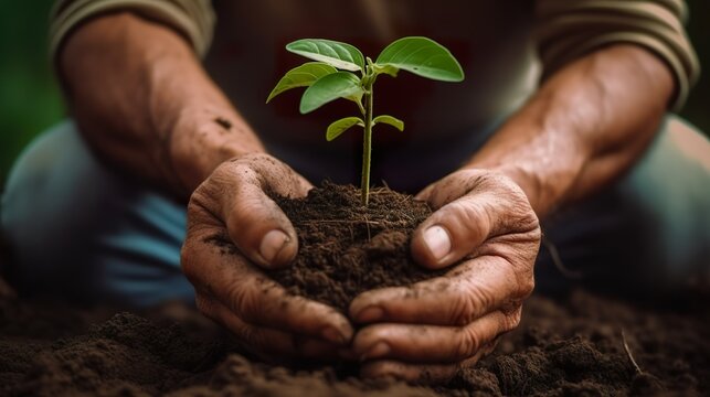 Plant in hands Environment famer hands holding soil outdoor Ecology concept