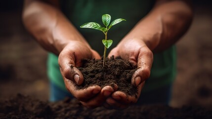 Plant in hands Environment famer hands holding soil outdoor Ecology concept