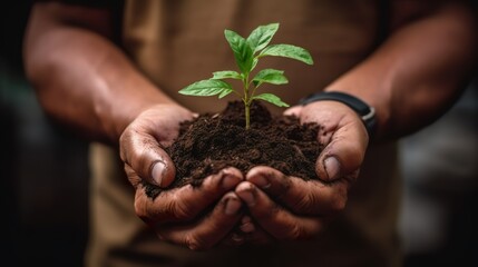 Plant in hands Environment famer hands holding soil outdoor Ecology concept