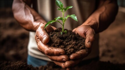 Plant in hands Environment famer hands holding soil outdoor Ecology concept