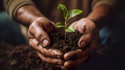 Plant in hands Environment famer hands holding soil outdoor Ecology concept