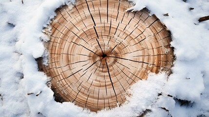 Top View of a Tree Stump in the Snow. Beautiful winter Background
