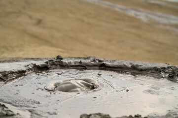 Mudbubble active mud volcanoes of Berca, Vulcanii noroiosi near Berca, Buzau, Wallachia, Romania