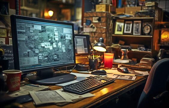 Close-up of a cluttered desk at a detective's workplace with a display of their personal profile on a computer.