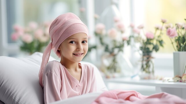 Portrait of the girl patient after chemotherapy girl fighting cancer wearing head scarf Childhood cancer awareness