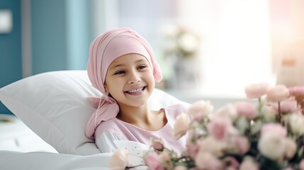 Portrait of the girl patient after chemotherapy girl fighting cancer wearing head scarf Childhood cancer awareness