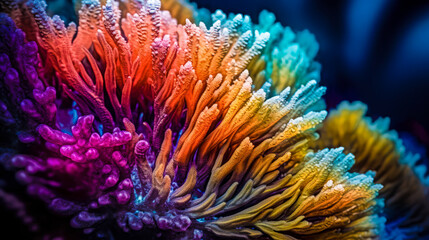 Naklejka na ściany i meble colorful high detailed macro image of sea corals, vivid multicolor textured wallpaper background of sea life corals reef